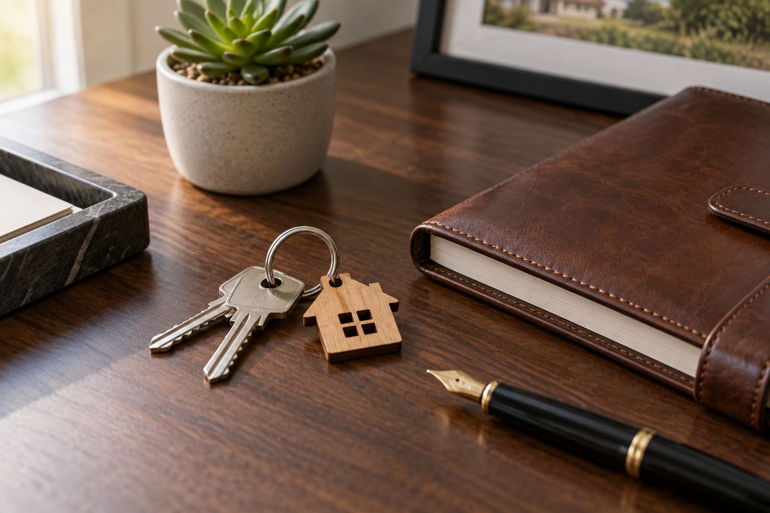 Keys, a leather portfolio and a notepad on a desk, representing Rob Mann, Responsible Broker of Boundary Realty