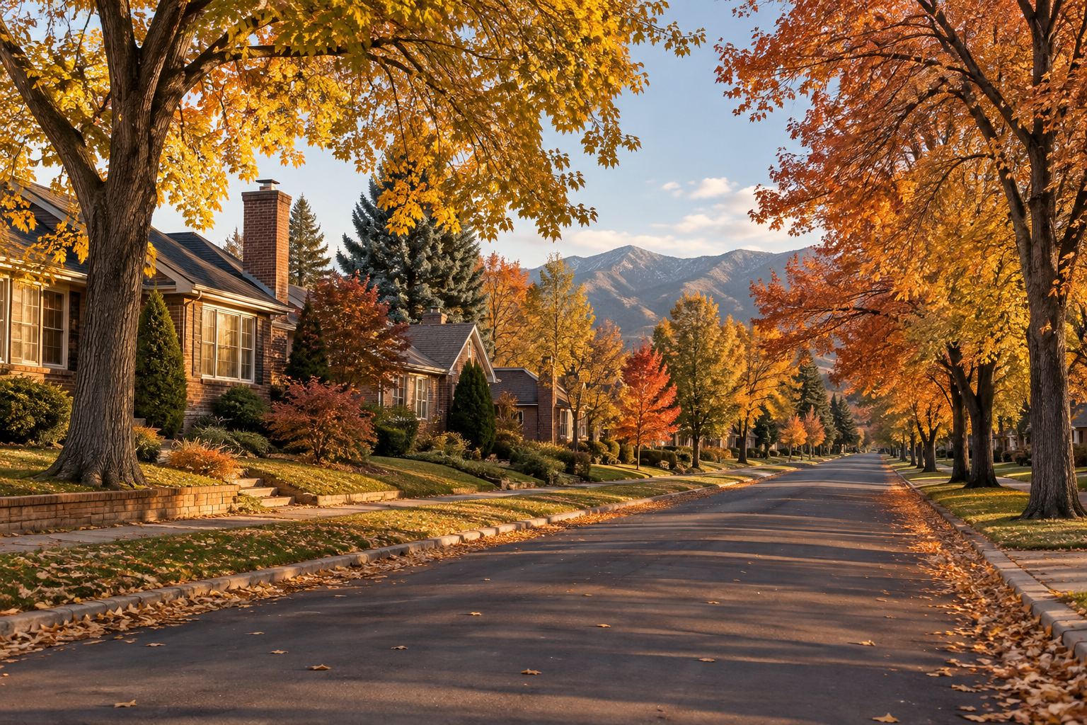 A quiet tree lined residential street in a Denver Colorado suburb, illustrative
