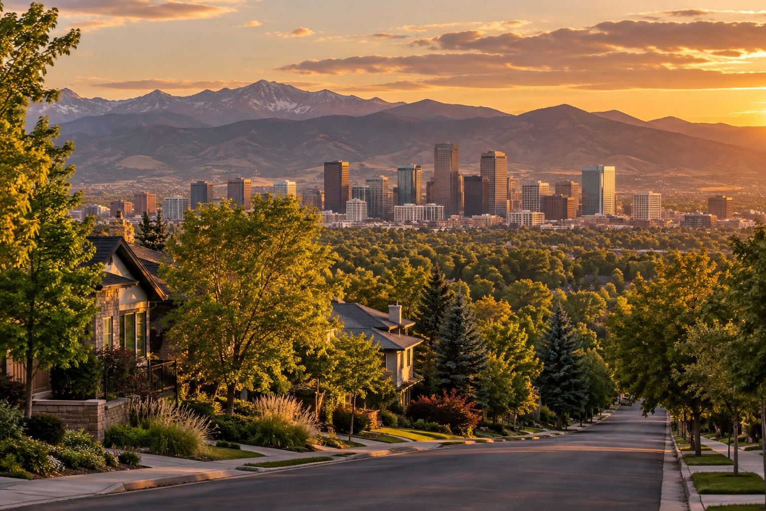 The Denver Colorado skyline and Front Range foothills at golden hour, illustrative