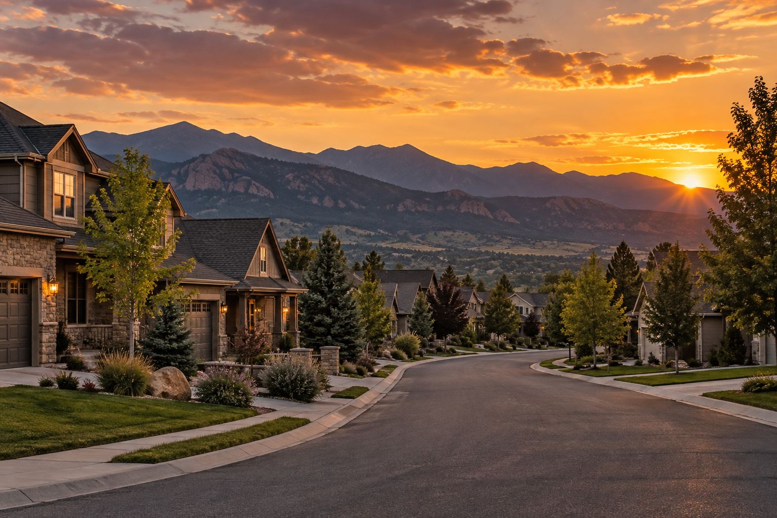 A quiet suburban Denver street at sunset with foothills on the horizon, illustrative
