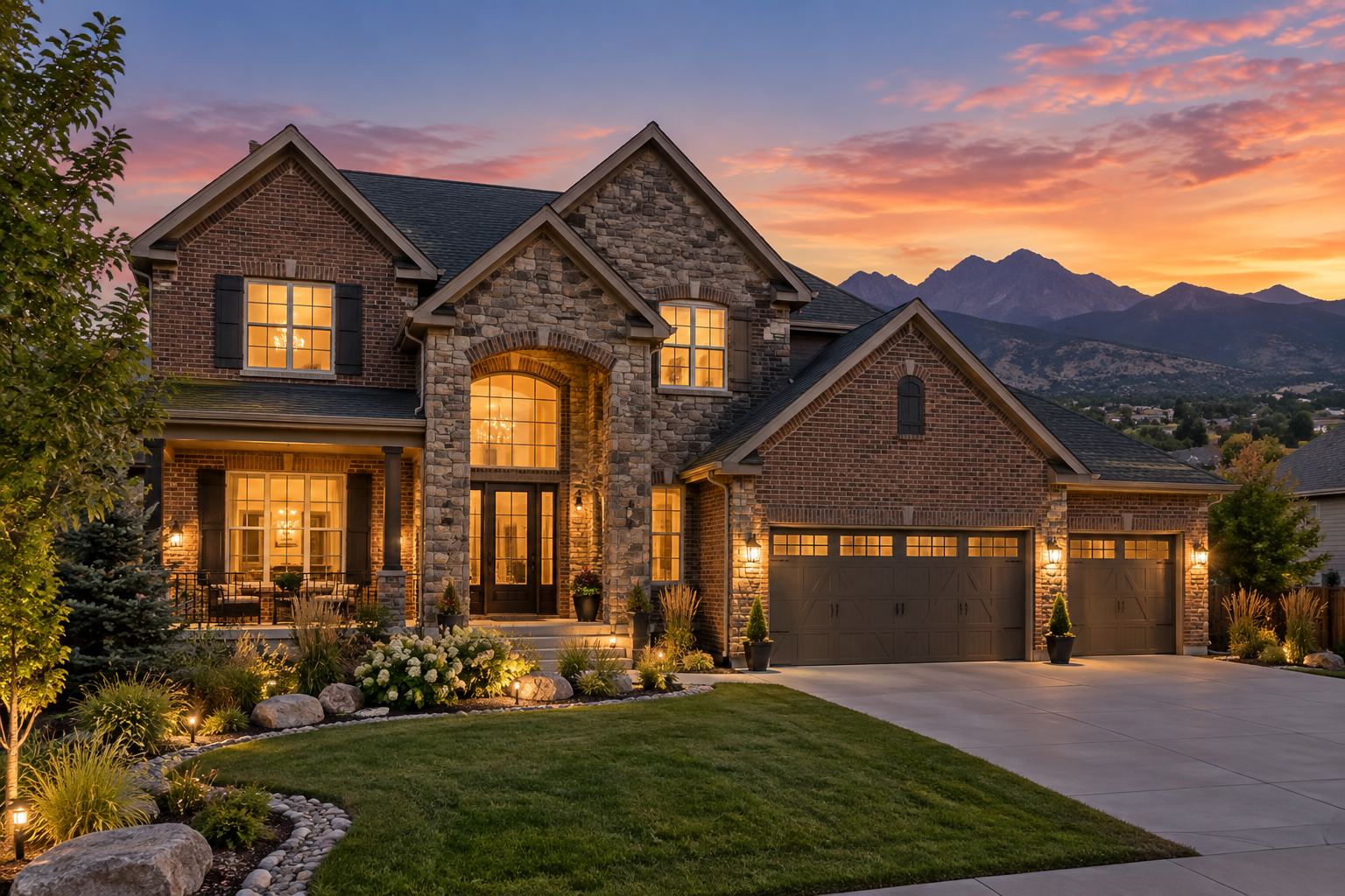 An upscale brick home exterior at dusk in a Denver Colorado suburb, illustrative