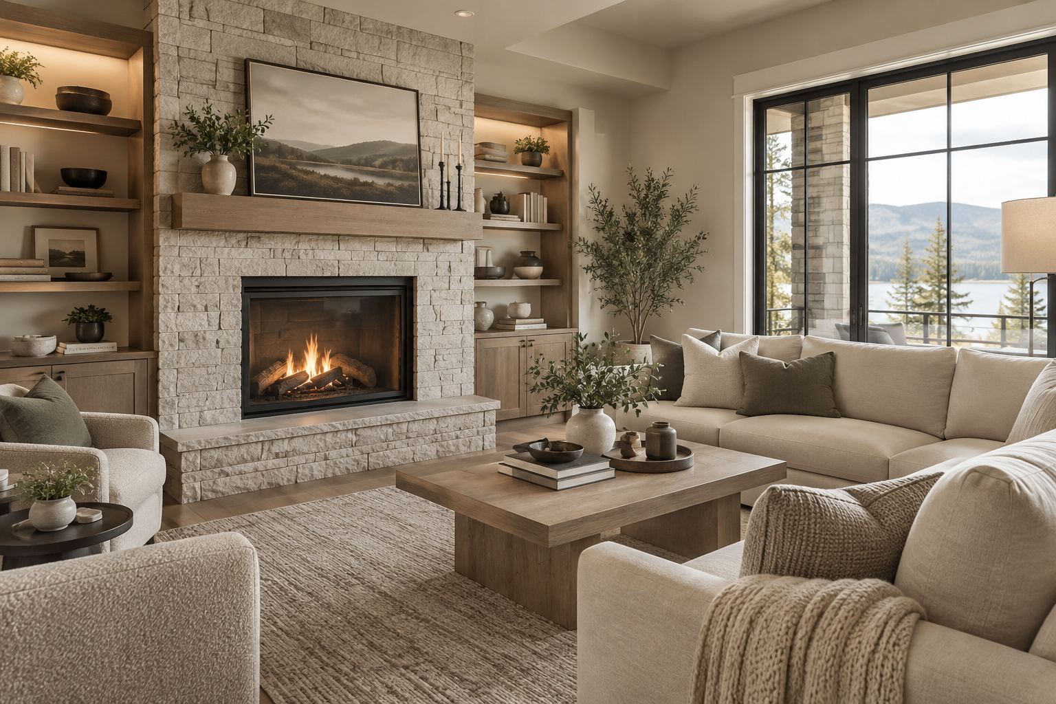 A cozy modern living room with a fireplace, illustrative