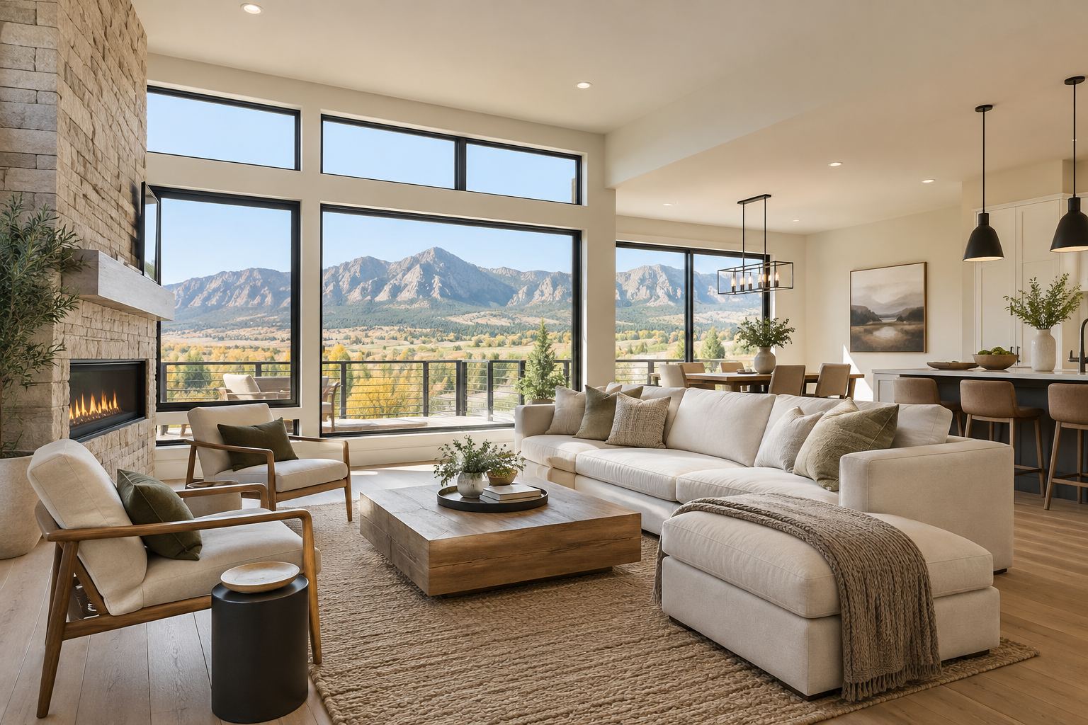 A bright modern living interior with a view of Colorado foothills, illustrative